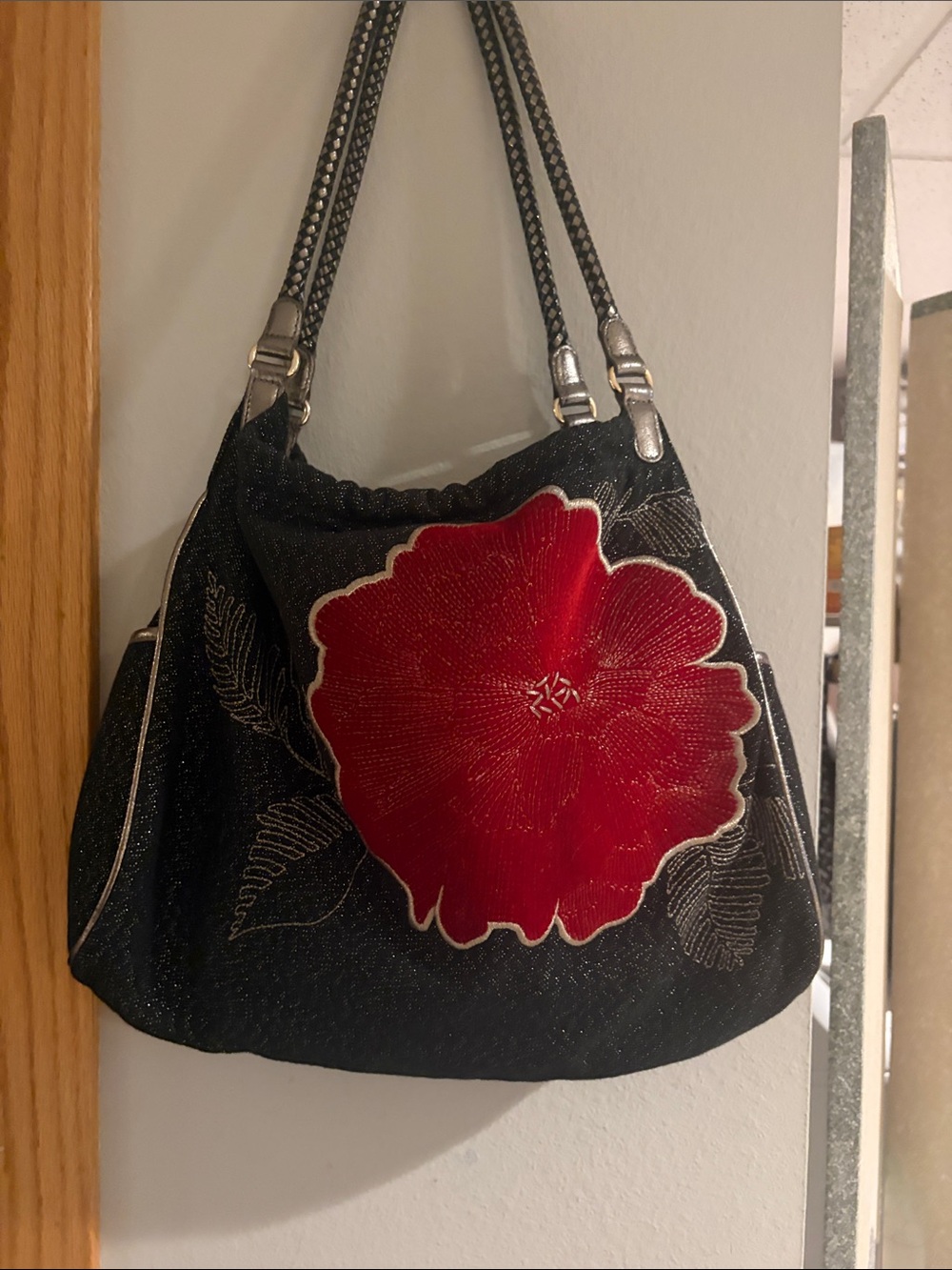 Brighton Black Shoulder Bag with Red Floral Applique